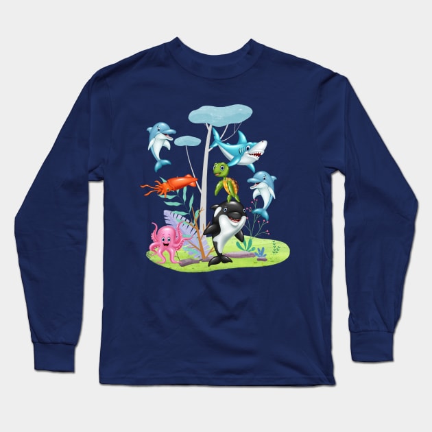 Funny Cartoon Marine Animals Long Sleeve T-Shirt by Choulous79